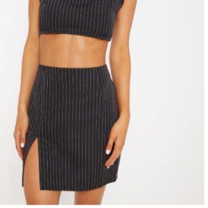 Black Pinstripe Split Detail Mini Skirt